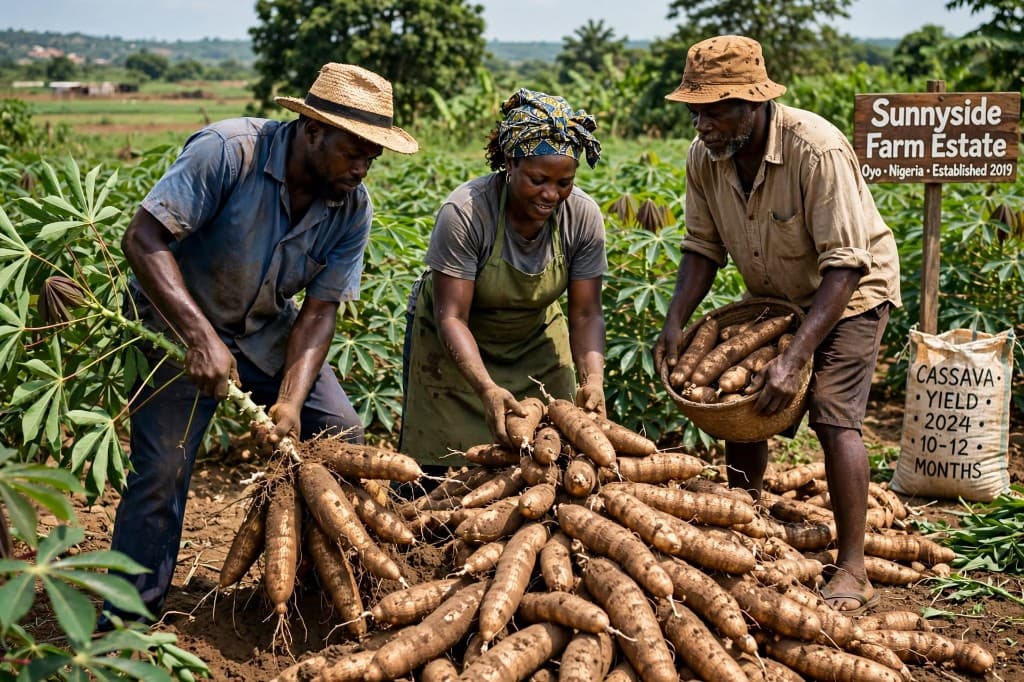 Cassava harvest on Sunnyside Farm Estate — farmers with fresh TME 419 roots