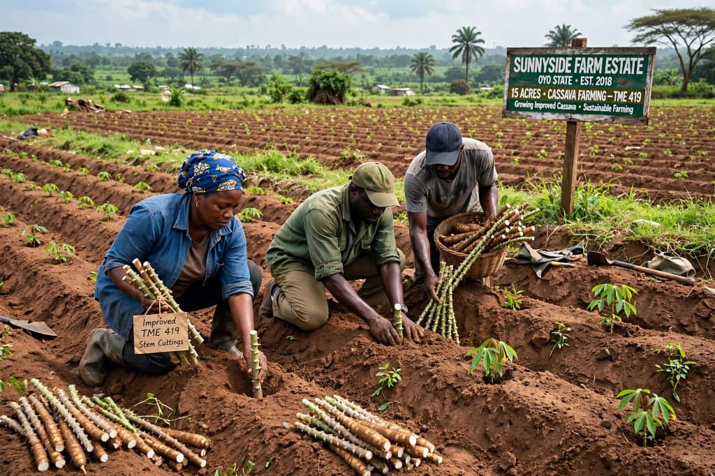 Farmers planting TME 419 cassava stem cuttings on Sunnyside Farm Estate, Oyo State