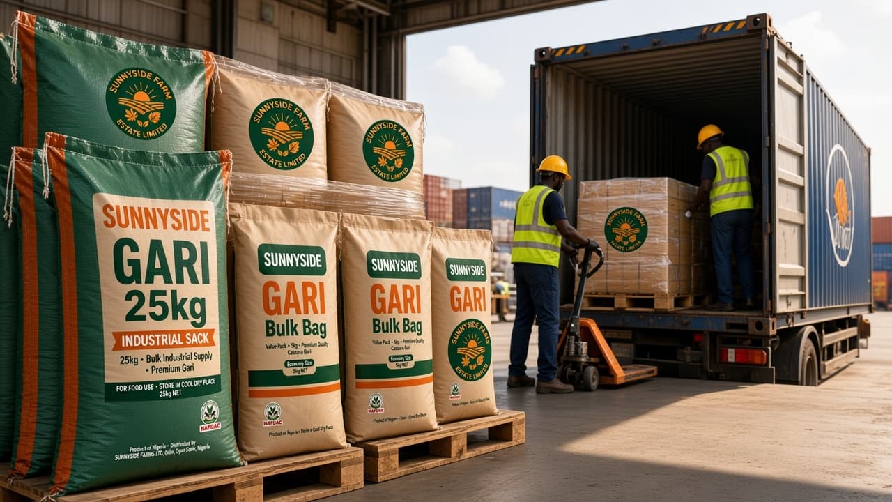Bulk Gari supplier Nigeria — Sunnyside Cassava Gari packed for export