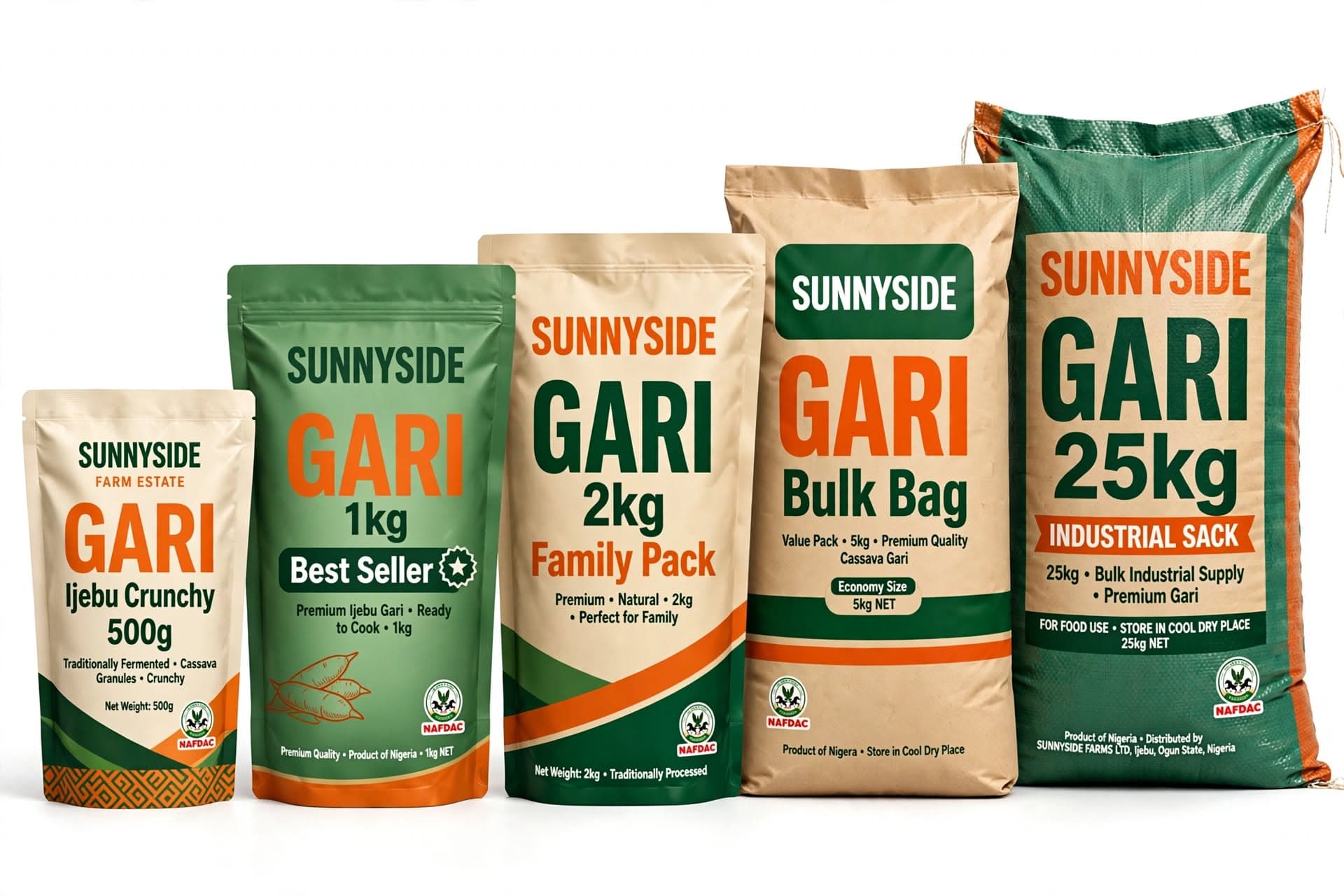 Sunnyside branded Gari 500g to 25kg real packaging — Cassava Gari