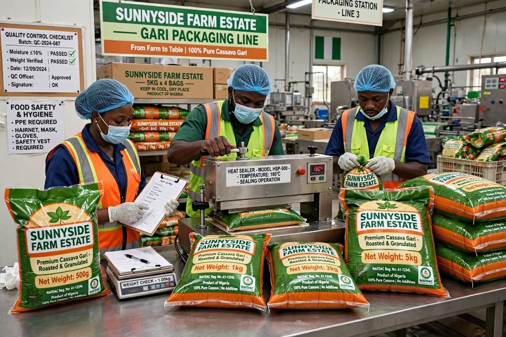 Sunnyside Gari packaging line — quality check, heat seal, and branded packs